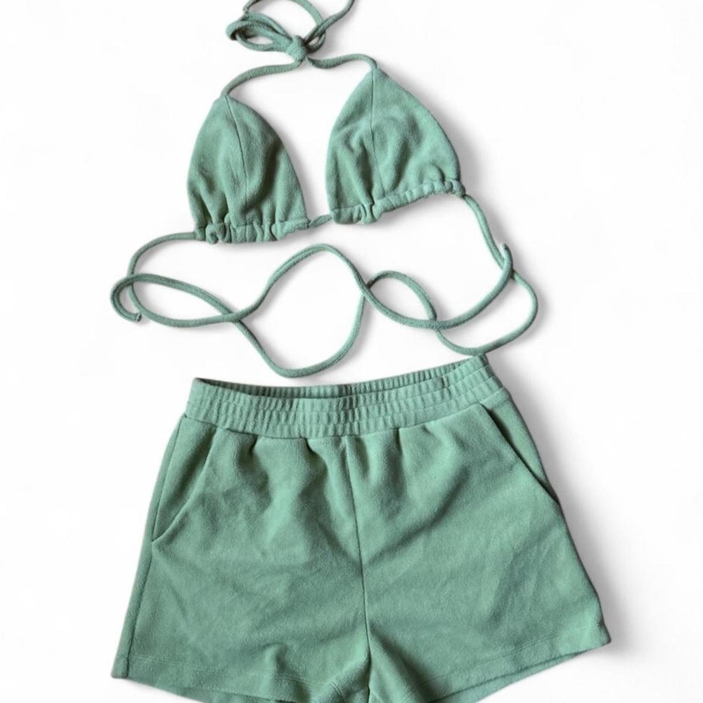 Fuzzy Bikini Shorts Set Chartreuse Sage Green Small Women's Night Wear Summer